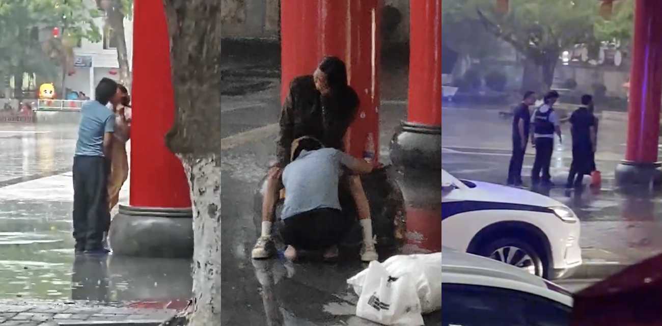 海南五指山三月三广场 情侣雨中激情热吻 性欲高涨时竟蹲下埋头舔逼 最后被帽子叔叔们领走制裁咯！ - 51吃瓜网-51吃瓜网